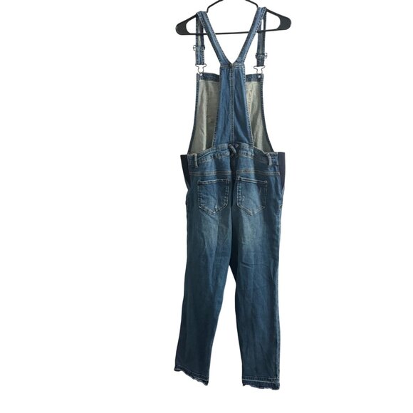Indigo Blue Womens Distressed Navy Denim Overalls Size L Stretchy Side Panels - Picture 2 of 13